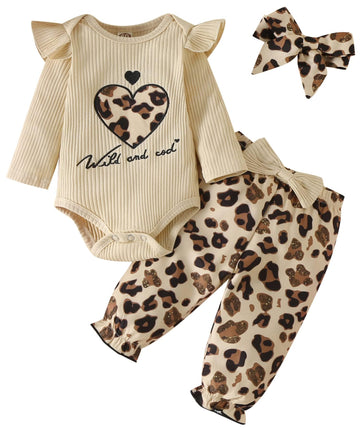 Newborn Infant Baby Girl Clothes Fall Winter Outfits Long Sleeve Clothing Onesie Pant Set Gifts 18-24 Months Ecru Leopard