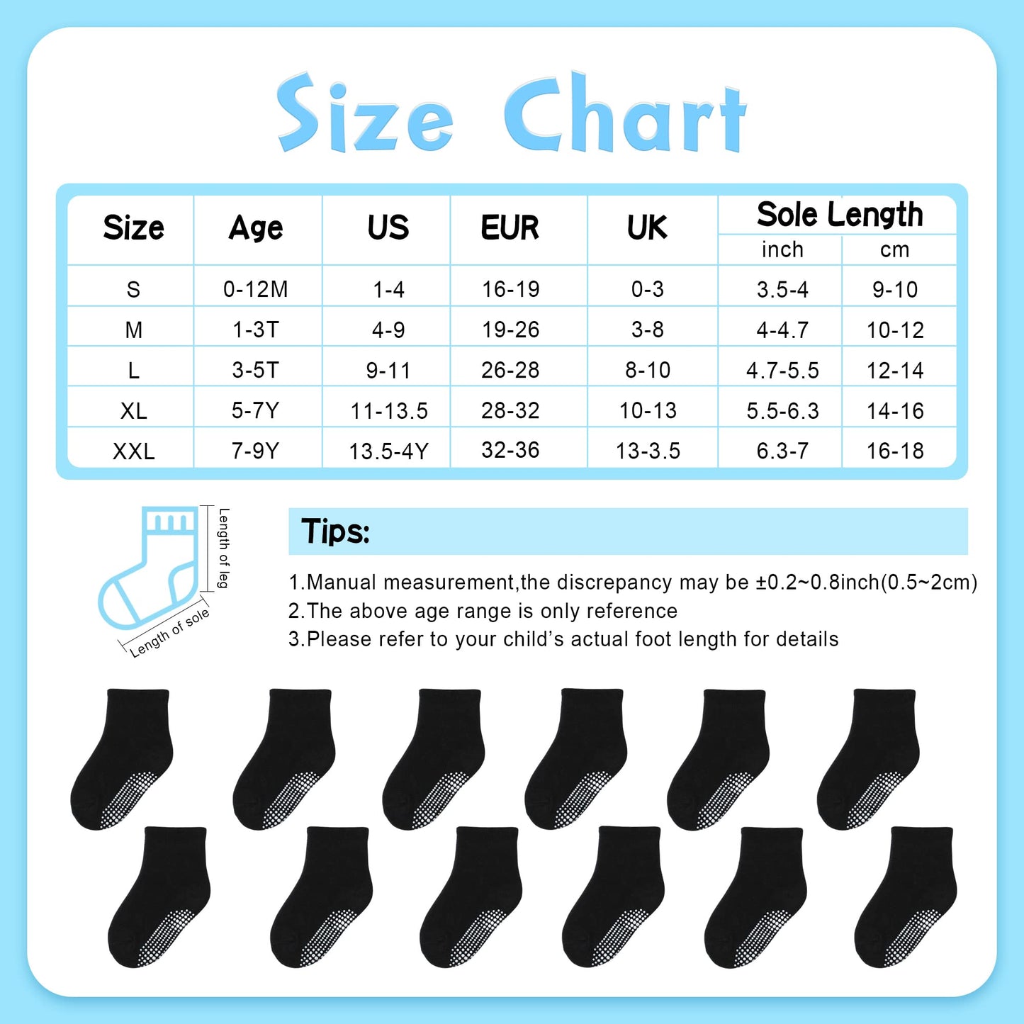 Hyzgb Toddler Boys Socks 3T-4T 5T 12 Pairs Toddler Socks With Grip Cotton Crew Non Slip Kids Socks For Little Boys Birthday Gift