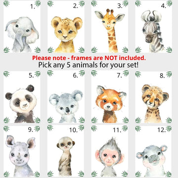 Personalized Safari Animals For Baby Boy Girl Nursery Bedroom Unframed Set Of 6 Poster Prints, Green Jungle Leaves Wall Art Deco