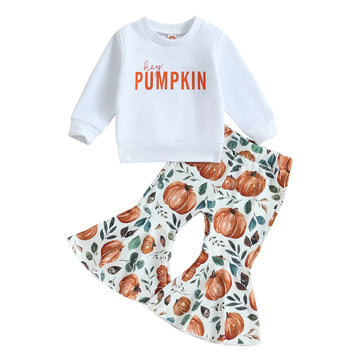 Wybzd Toddler Baby Girl Halloween Outfit Pumpkin Pie Crewneck Sweatshirt Shirt Top Bell-Bottom Pants Sets Cute Fall Clothes Pump