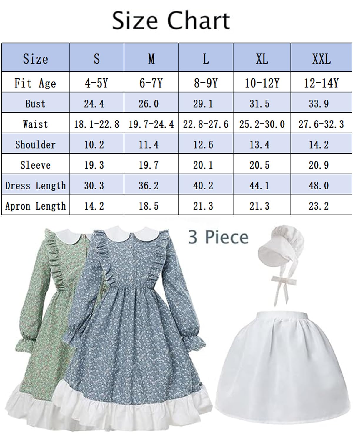 Fccam Prairie Dresses For Girls Pioneer Costume 19Th Century Long Sleeves Colonial Dress Green Xl Age Over 4 Years Old