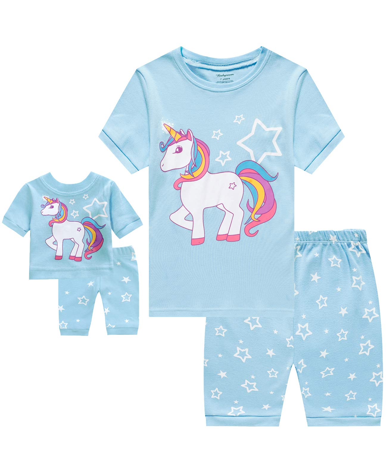 Babyroom Girls Matching Doll&Toddler 4 Piece Cotton Pajamas Toddler Unicorn Sleepwear Size 4 Blue