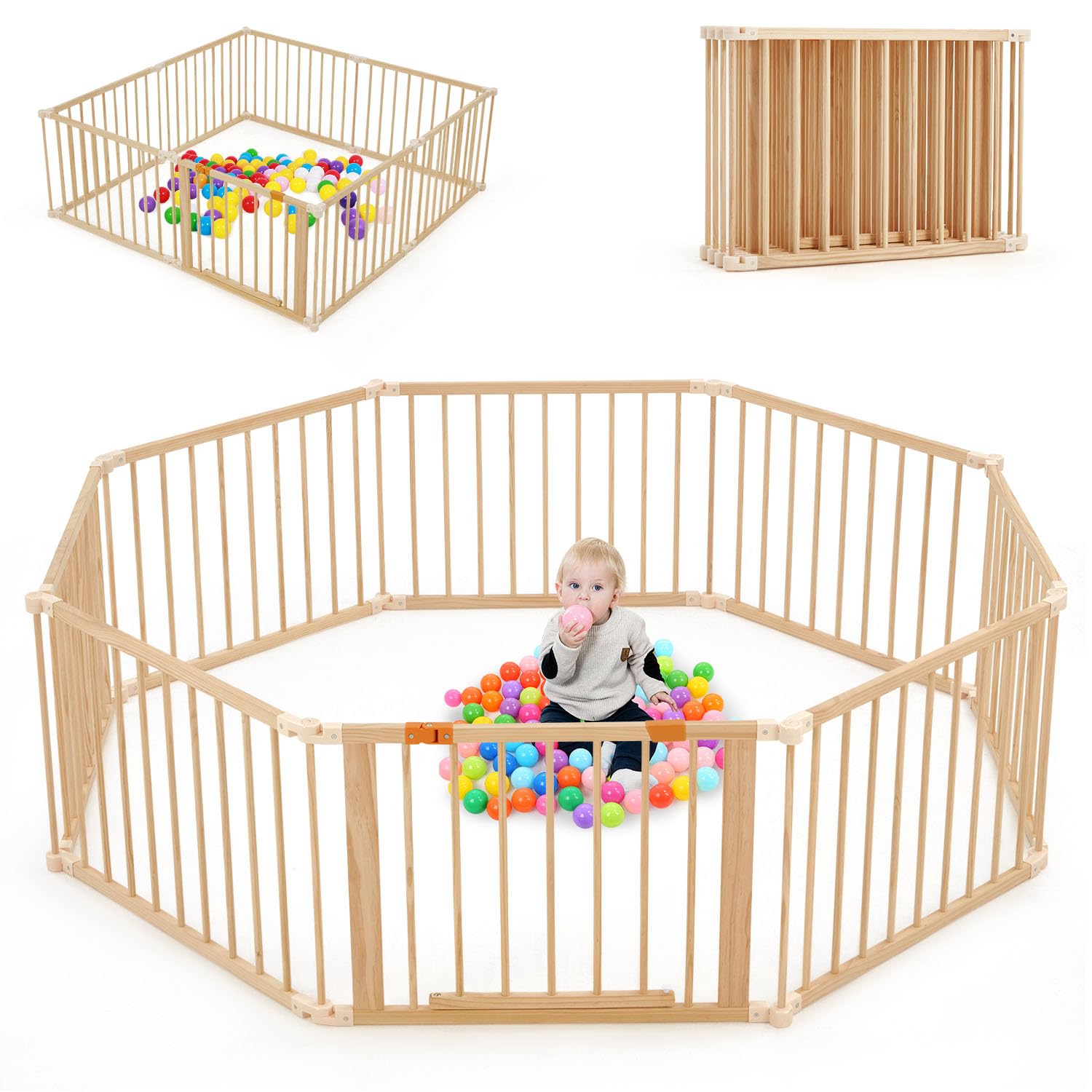 Wooden Baby Playpen 74     74    Playpen for Babies and Toddlers, Foldable Wooden Play Yard with Gate Safety Play Yard with Lock