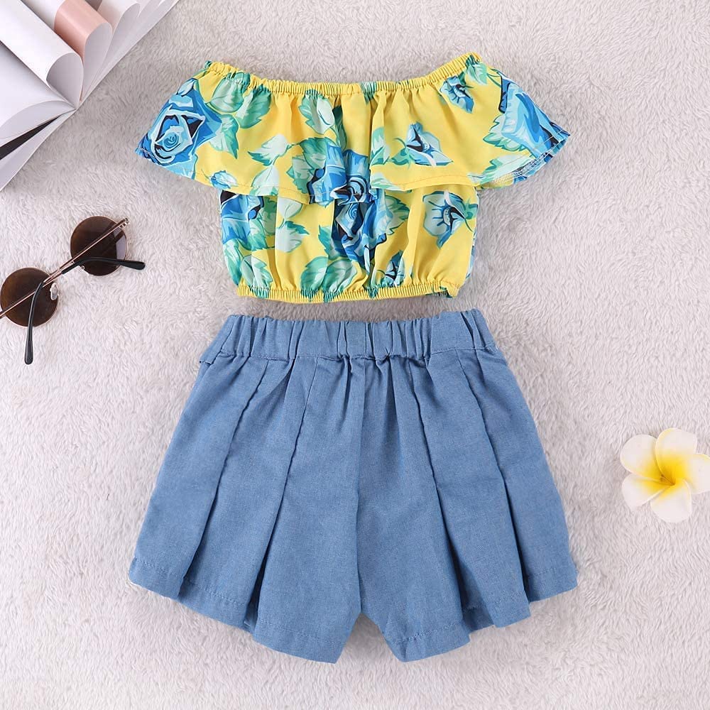Kids Baby Girls Outfits Floral Ruffle Off Shoulder Crop Tops + Bowknot Denim Shorts Skirt Set Toddler Summer Clothes (Blue, 6-7