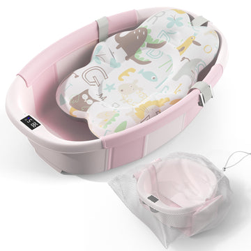 Collapsible Baby Bathtub - Large Baby Bath Tub with Thermometer & Cushion | Travel Portable Newborn Infant Bathtub | Foldable To