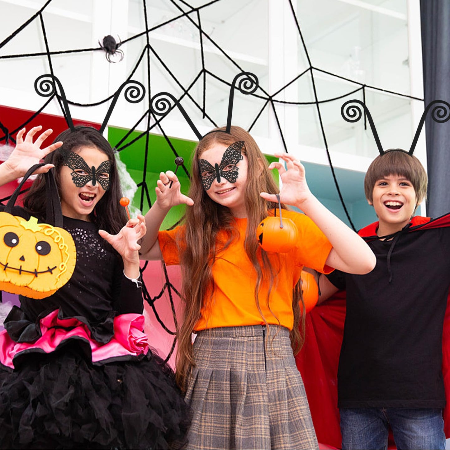 2Pcs Butterfly Antenna Headband With Butterfly Lace Mask For Halloween Cosplay Costume Accessory Black, Large