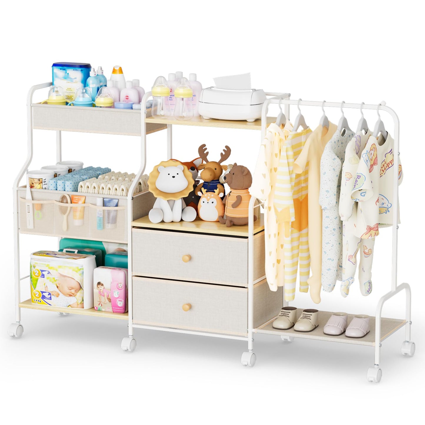 BBLIKE Diaper Caddy Organizer with Hanging Rack - 3 Tier Rolling Utility Cart with Drawers and Dividers for Baby Bottle Storage 