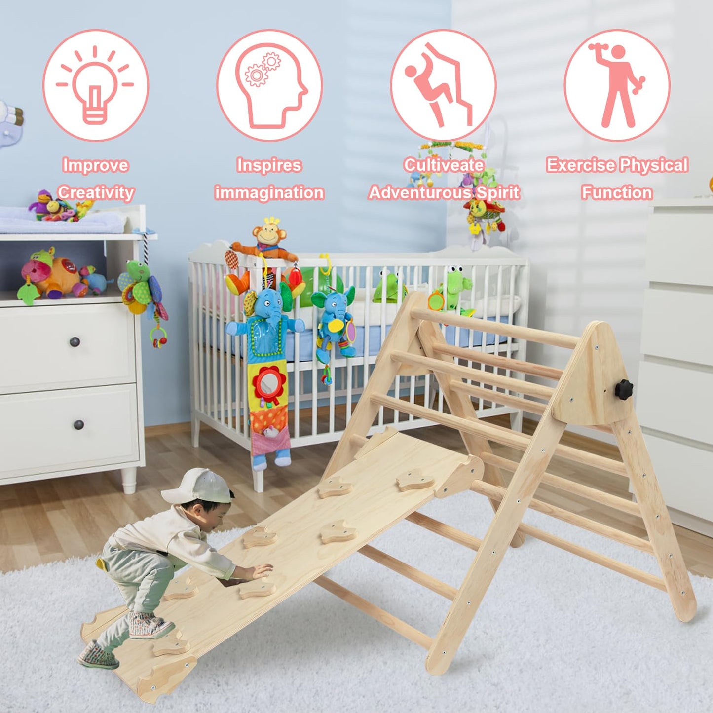 Edostory 5 In 1 Pikler Triangle Set, Indoor Playground And Gym For Kids, Montessori Foldable Wooden Climbing Triangle Ladder Set