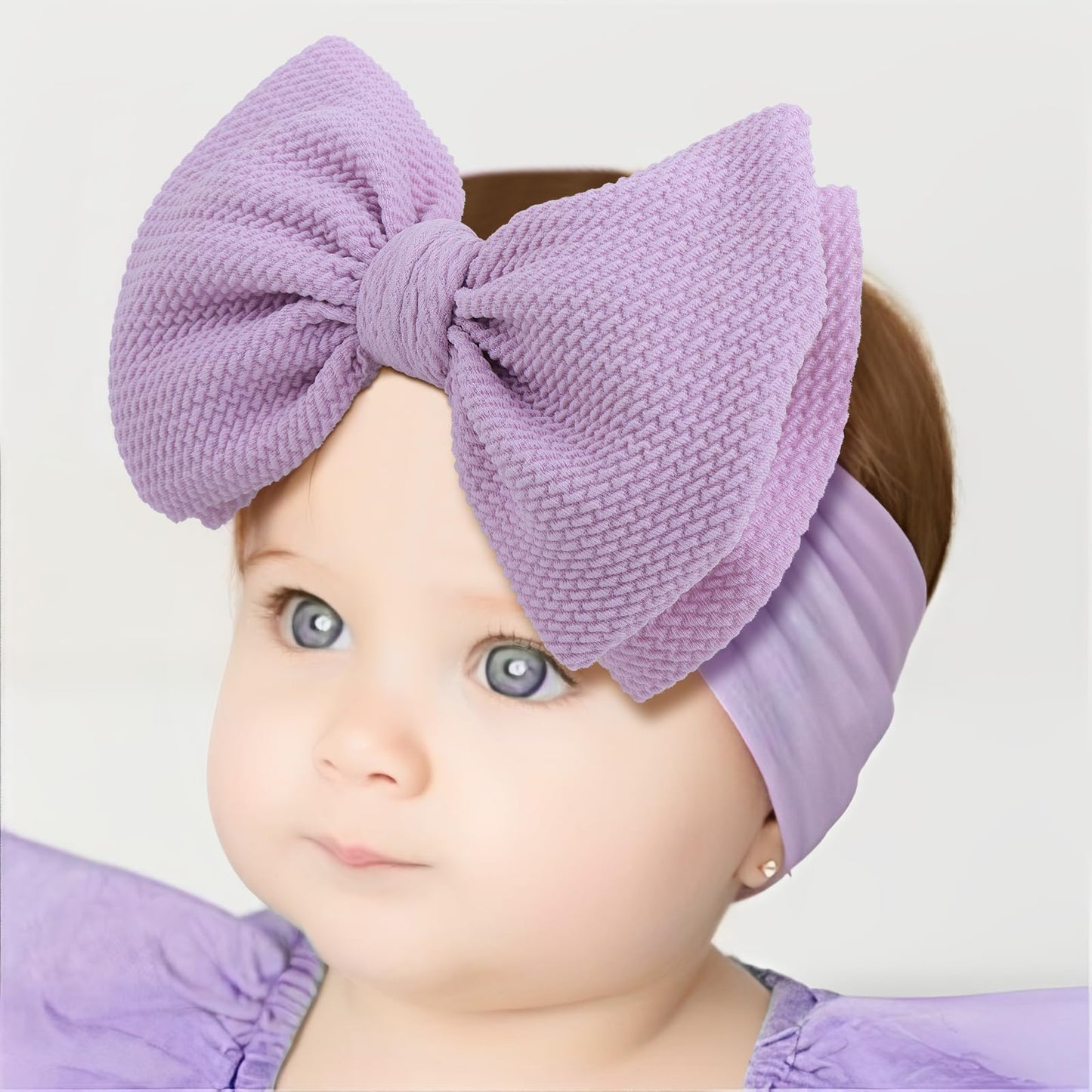 Lanmerry Big Bows Headbands For Baby Girls - Waffle Large Hair Accessories, Infant Toddler Headwrap 3 Pack Purple Ivory Light Bl