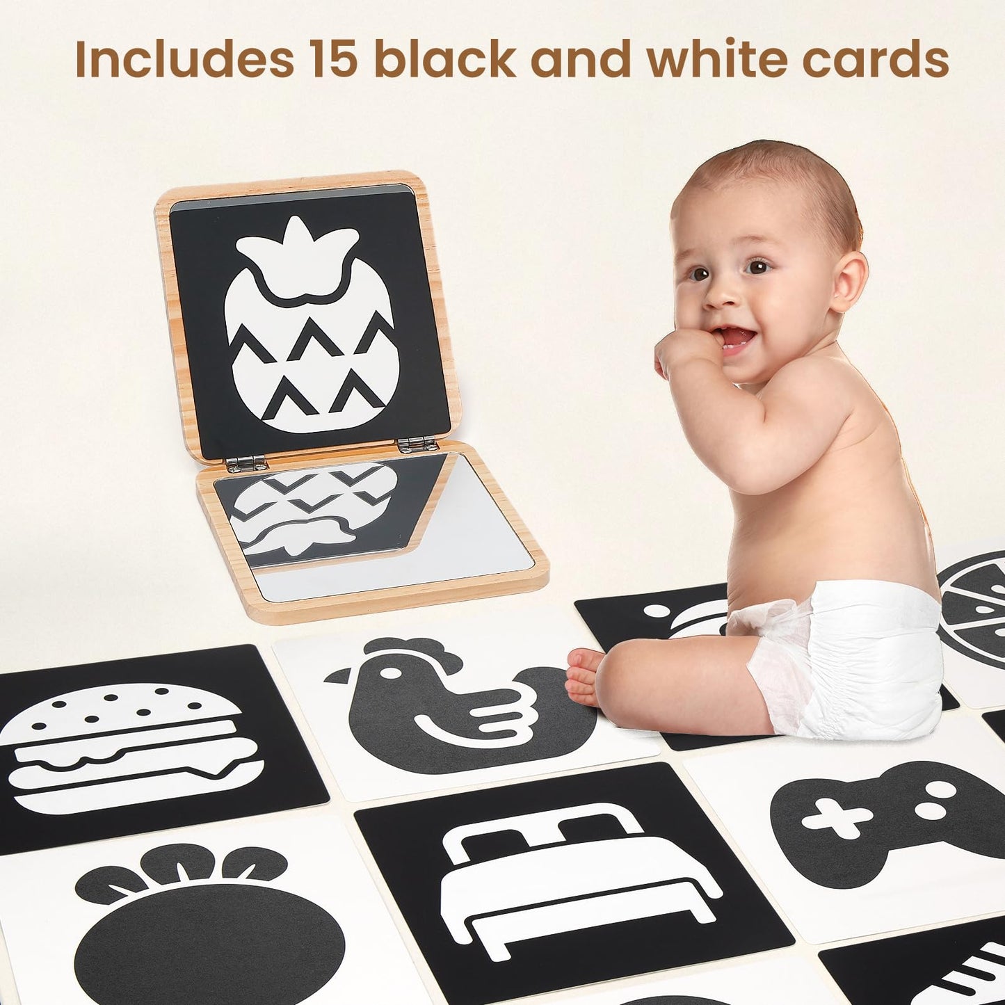 Woodtoe Tummy Time Mirror for Infant, 0-180 Adjustable Baby Mirrors with 15 Black and White Educational Cards, Shatterproof & Po