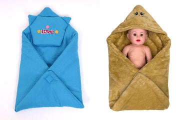 CTMKIDS Baby Wrap with Cap for Kids 74x74 cm  Blue & Single Baby Wrap with Cap for Kids 74x74 cm  Camel