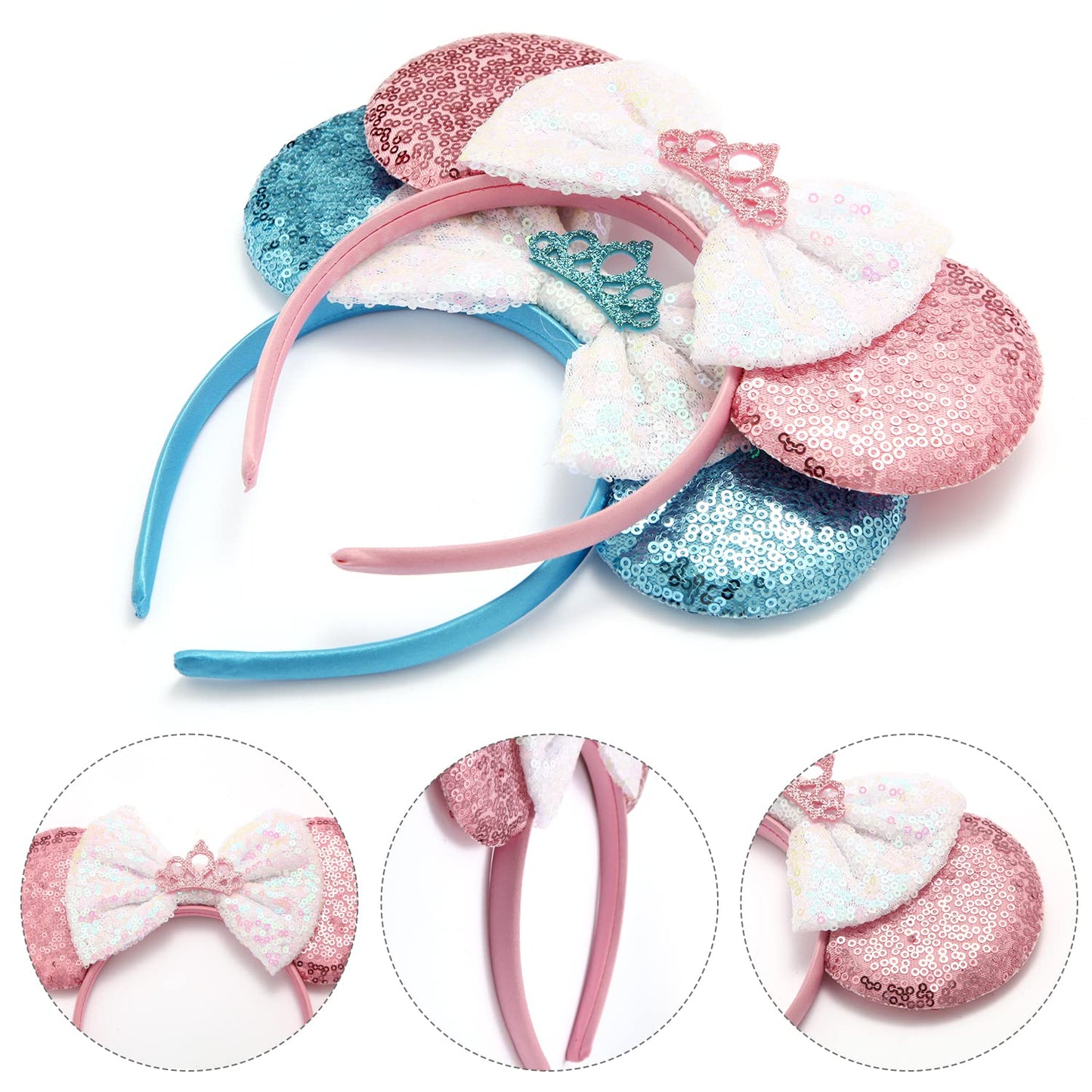 Rcjera Mommy And Me Glitter Headbands - Classic Bow Ears For Kids, Women, Princess Cosplay, Birthday, Christmas Party (Blue+Pink