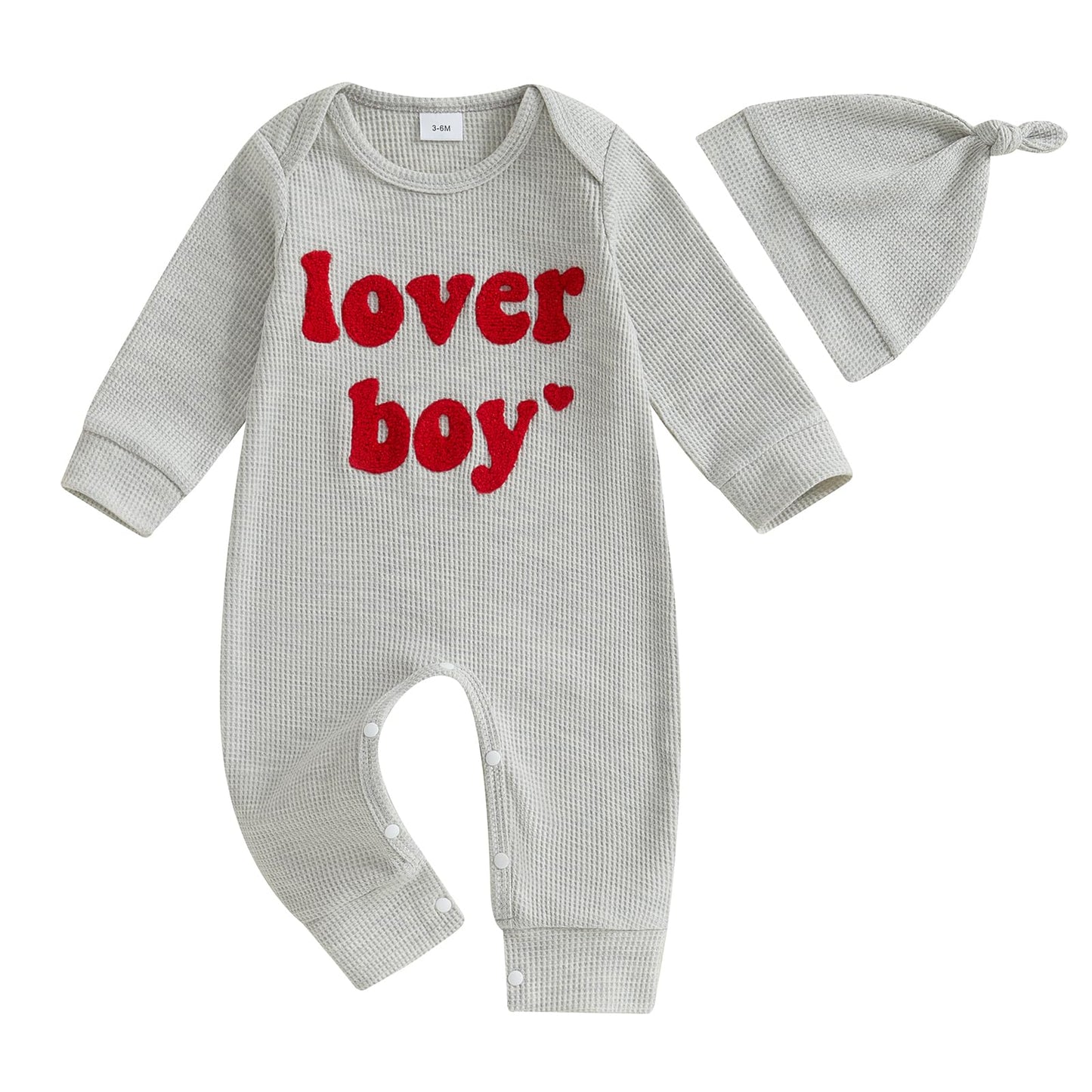Ktwharnu Newborn Baby Boy Valentines Day Outfit Letter Embroidery Waffle Knit Romper Jumpsuit Long Sleeve Knit Bodysuit Hat (B-G