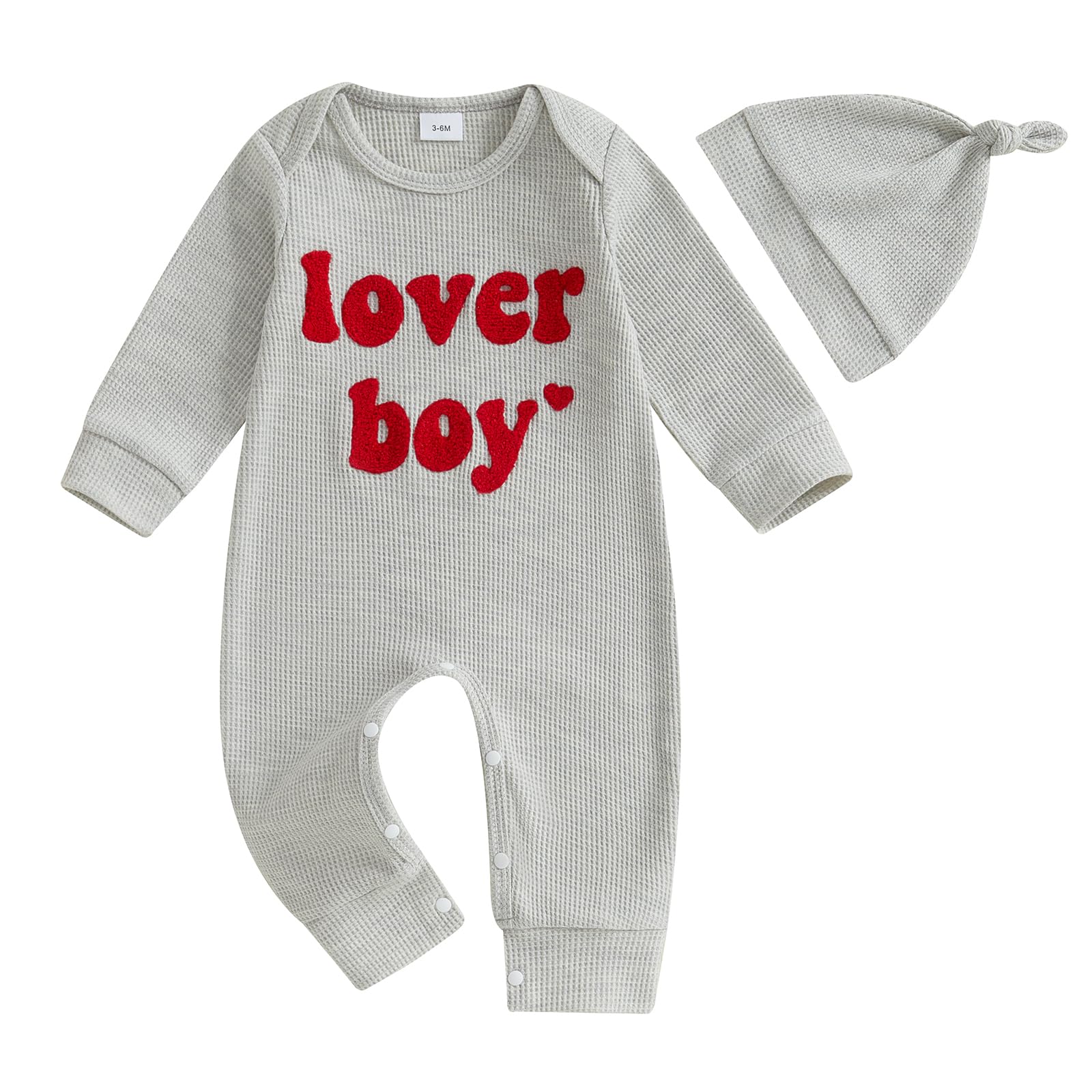 Ktwharnu Newborn Baby Boy Valentines Day Outfit Letter Embroidery Waffle Knit Romper Jumpsuit Long Sleeve Knit Bodysuit Hat (B-G