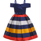 Nssmwttc Girls Off Shoulder Dress Kids Christmas Sunday Halloween Baptism Christening Striped Dresses (Navy,140)