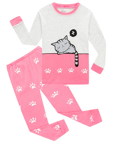 Big Girls Cat Long Sleeve Pajama Sets 100% Cotton Pjs Size 8