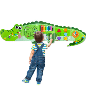 Crocodile Activity Wall Busy Board Panels | 9-in-1 Wooden Sensory Wall Panel for Kids, Montessori Learning Activity Center | Per
