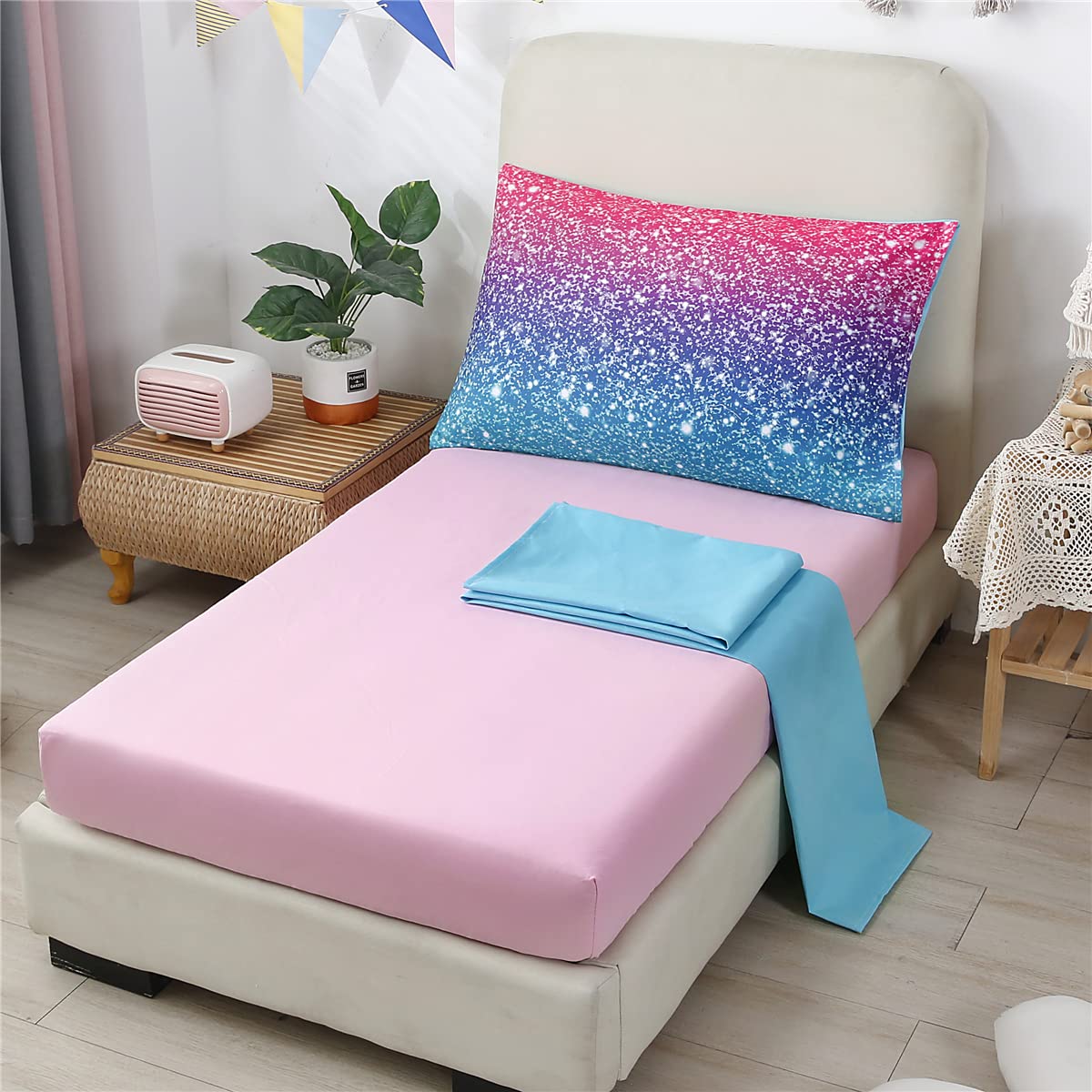 Urbonur 4 Pcs Bed In A Bag For Toddler Bed 2-6 Years Toddler Bedding Sets For Girls Room Decor Gradient Pink Purple Teal Toddler