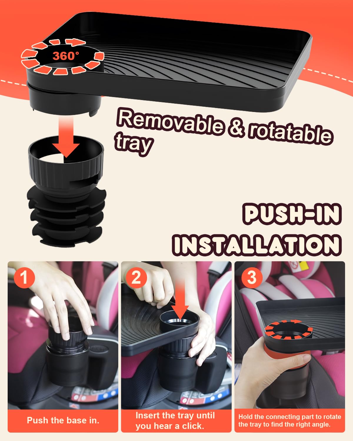 Seven Sparta Car Seat Tray For Kids Toddler Travel With Soft Rubber Base, Rotatable And Removable Cup Holder Snack Tray For Food