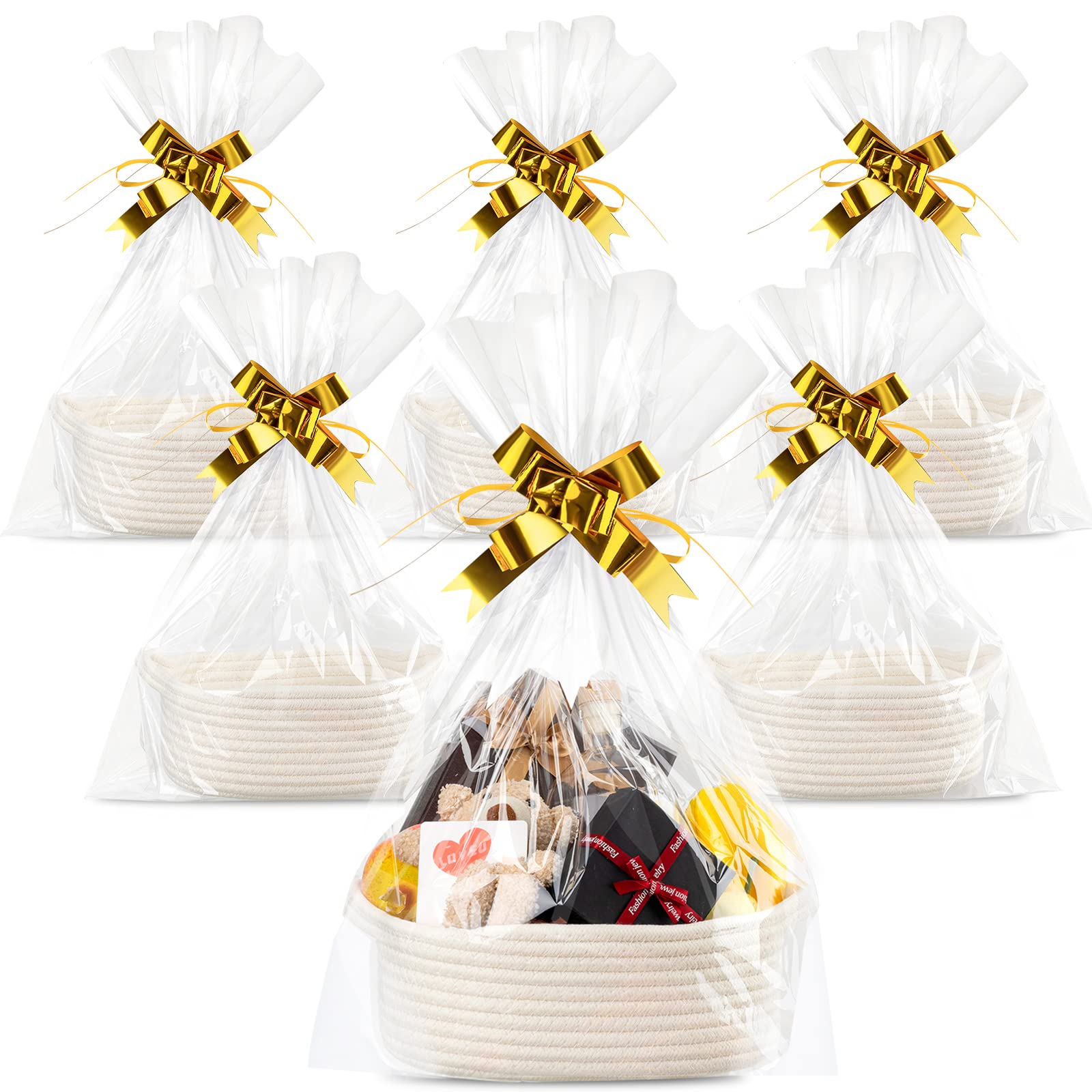 6 Sizes Woven Basket With Gift Bags And Gold Bows, Oval Soft Rope Baskets With Handles Gift Baskets Empty Cotton Baby Toy Storag