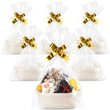 6 Sizes Woven Basket With Gift Bags And Gold Bows, Oval Soft Rope Baskets With Handles Gift Baskets Empty Cotton Baby Toy Storag