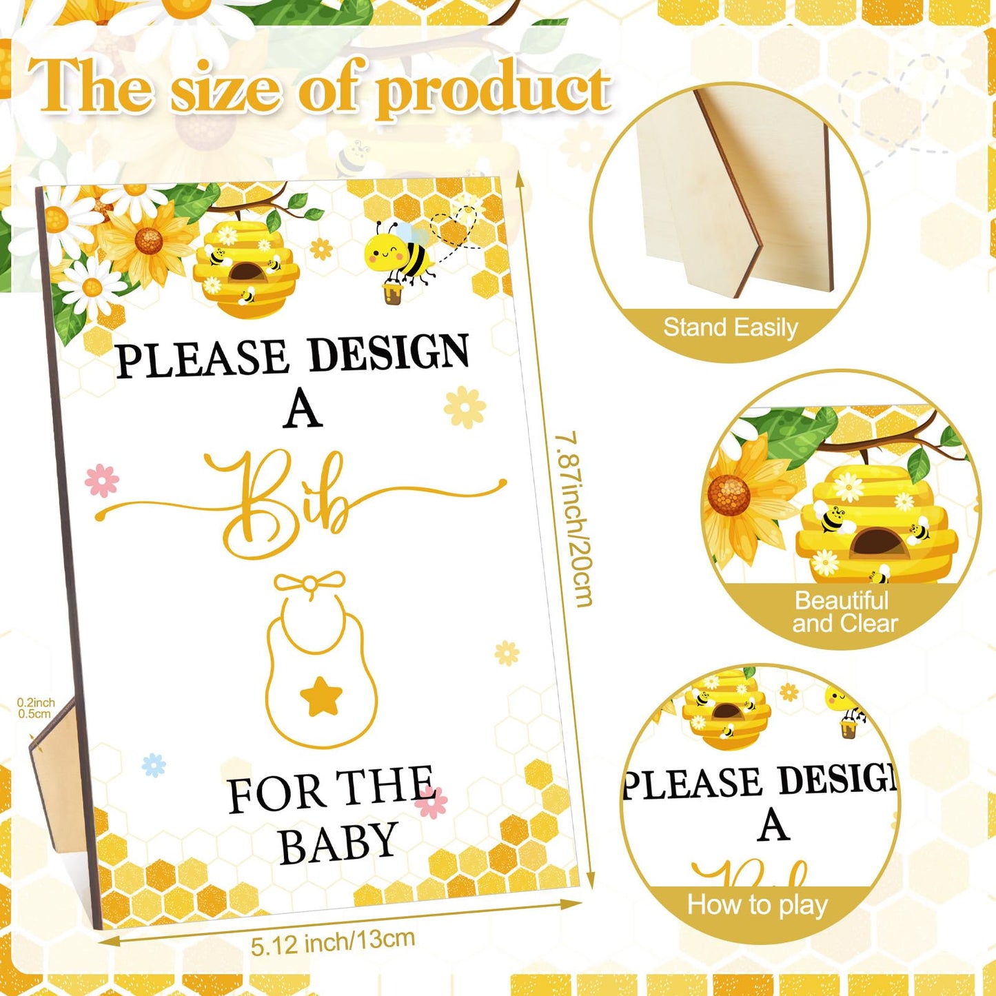 Panitay 100 Pcs Diy Baby Bibs Decorating Kit 50 White Bibs 25 Stencils 24 Fabric Markers 1 Baby Shower Game Sign(Bee)
