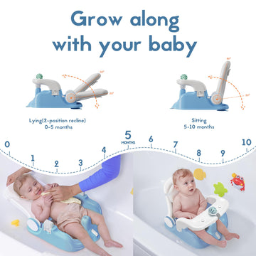 Babybond Baby Bath Seat With Sitting & Lying 2 Modes, 3-Speed Adjustment, Powerful Suction Cups, Infant Bathtub Chair With Soft