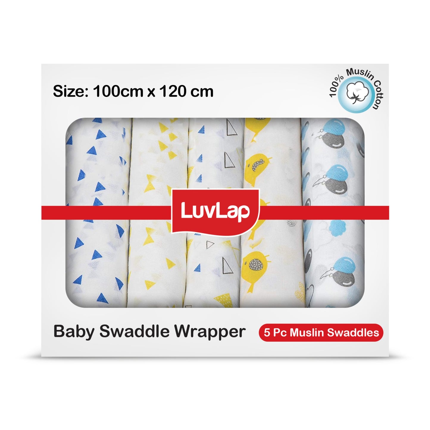 Luvlap 100% Cotton Muslin Baby Swaddle Set, Baby Towel, Size120Cm X 100Cm (47X39), Triangles Birds & Balloons Printed On Whit