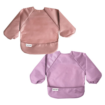 Tiny Twinkle Mess Proof Baby Bib, 2 Pack Long Sleeve Bib Outfit, Waterproof Bibs For Toddlers, Machine Washable, Tug Proof (Taup