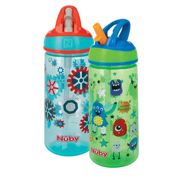 Nuby 2 Pack Iridescent Flip-It Kids On-The-Go Printed Water Bottle With Bite Proof Hard Straw - 18Oz / 540 Ml, 18+ Months, 2 Pk