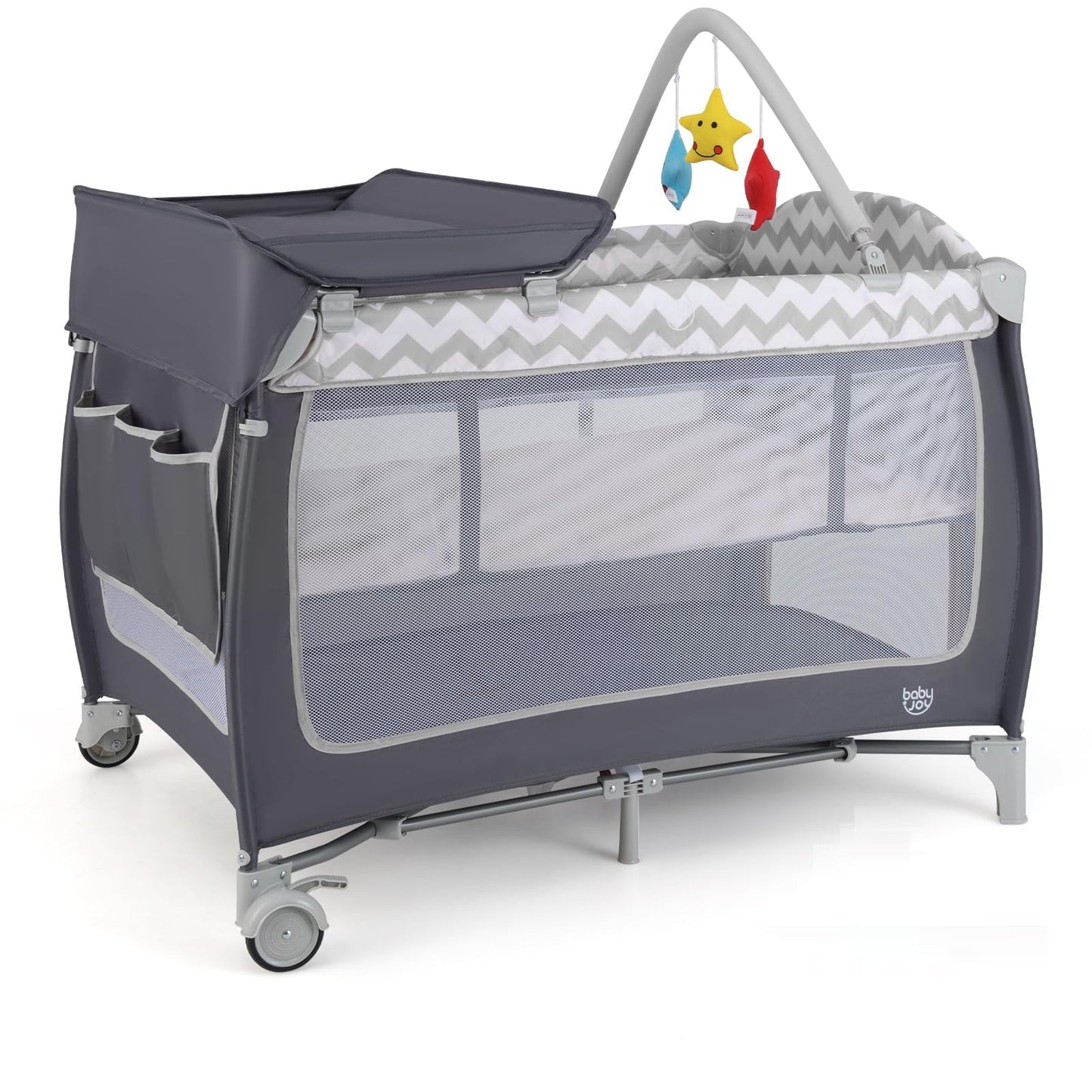 BABY JOY 4 in 1 Pack and Play, Portable Baby Playard with Bassinet, Side Zipper Door, Changing Table, Indoor Outdoor Travel Nurs
