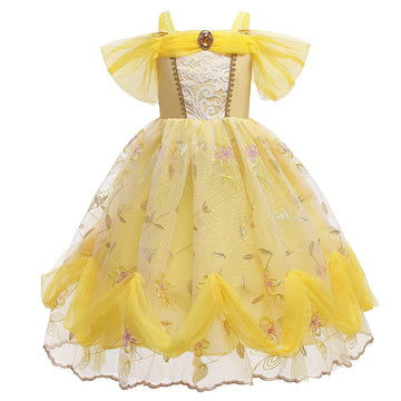 Fmyfwy Girls Belle Princess Fancy Dress Beauty And Beast Outfits Halloween Christmas Wedding Birthday Lace Gown,Yellow 012,3T