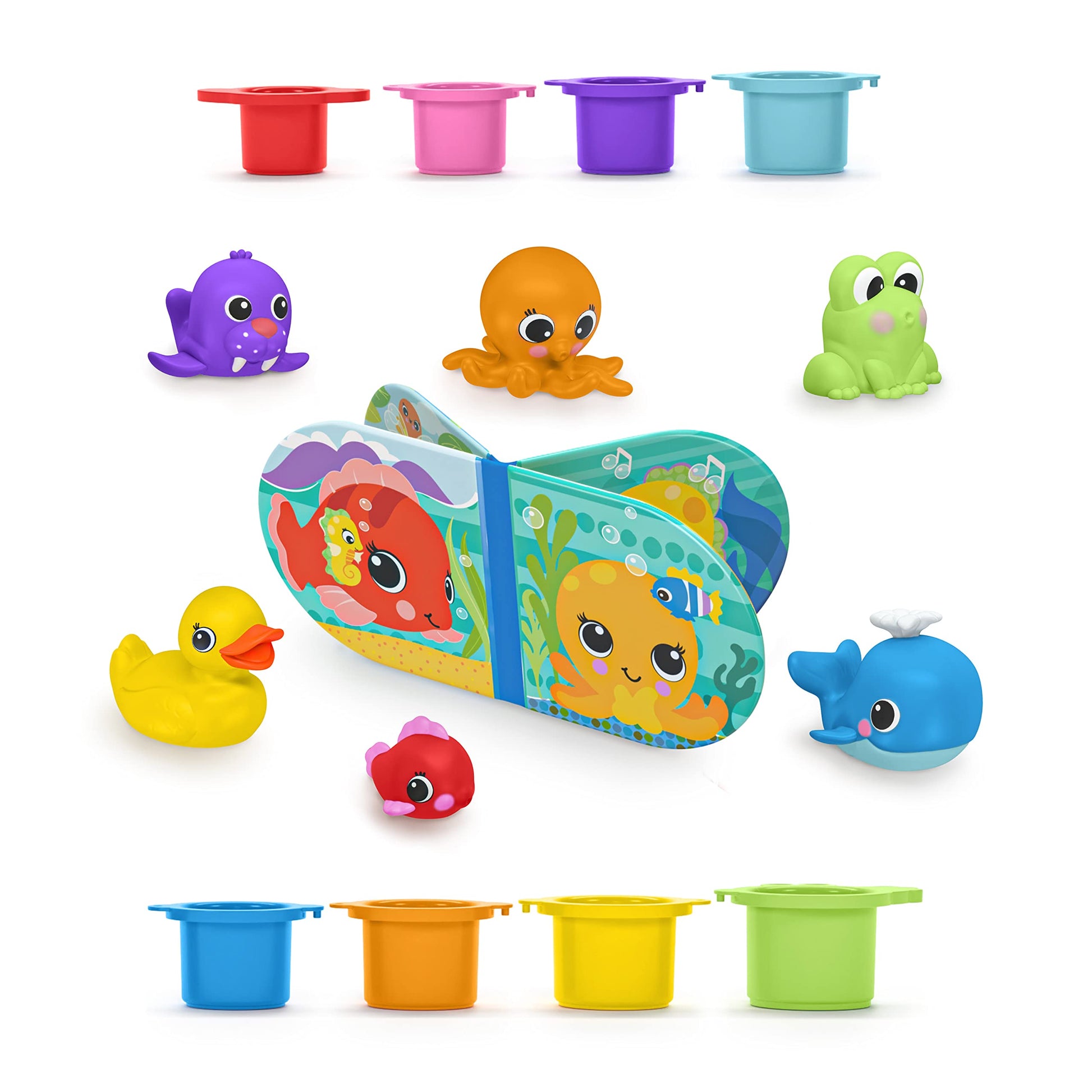Bright Starts Splash, Splash Baby 15pc Bath Set - Waterproof Book, Rubber Ducky, Animal Toys and Stacking Cups, Unisex, 6 Months