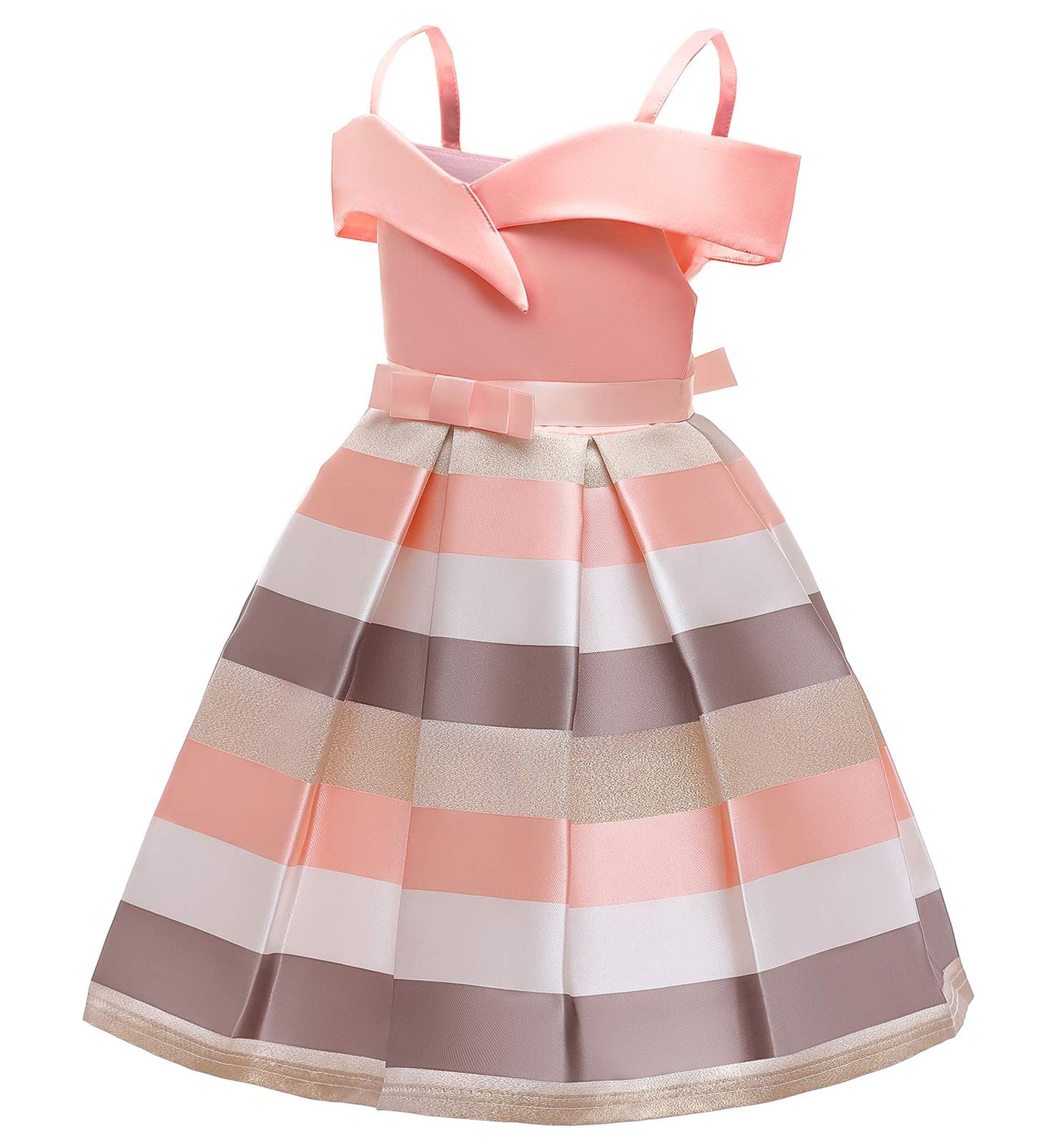 Nssmwttc Girls Off Shoulder Dress Kids Christmas Sunday Halloween Baptism Christening Striped Dresses (Pink,140)