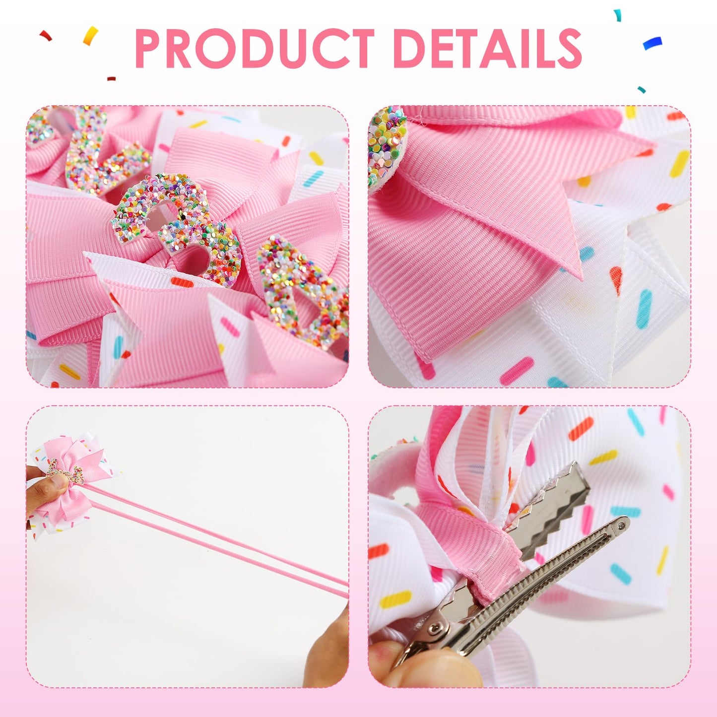 Birthday Hair Bow For Baby Girls 1 2 3 4 5 6 Years Sprinkle Decorations Confetti Ice Cream Party Pink Hair Accessories For 5Th B