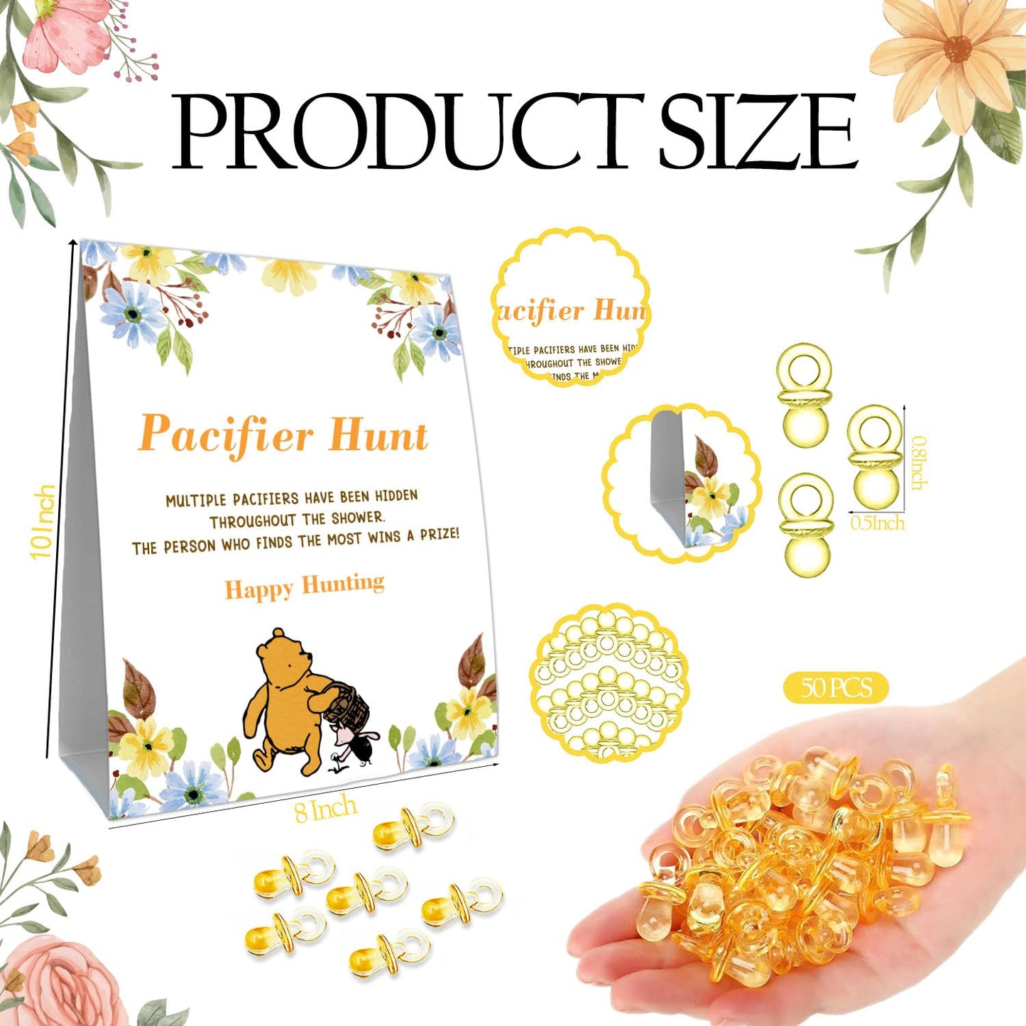 Guawubiang Winnie Mini Pacifiers Baby Shower Game, Pacifiers Hunt Sign, Pooh Themed Baby Shower Game Set, 50Pcs Yellow Mini Paci