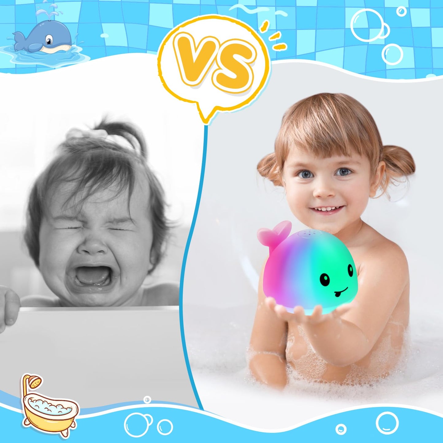 2023 Upgraded Baby Bath Toys, 1500 mAh Rechargeable Bath Toys with Double Layer Waterproof, Light Up Whale Spray Water Bathtub T