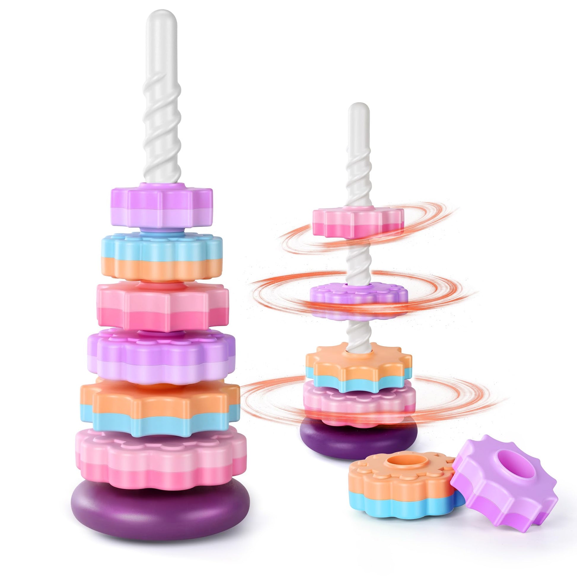 SIMPLEFINE Stacking Toys for Toddlers 1-3,Stacking Cups,Sit and Spin,Autism Sensory Stacking Rings Baby Toy,Spin Rainbow Tower,W