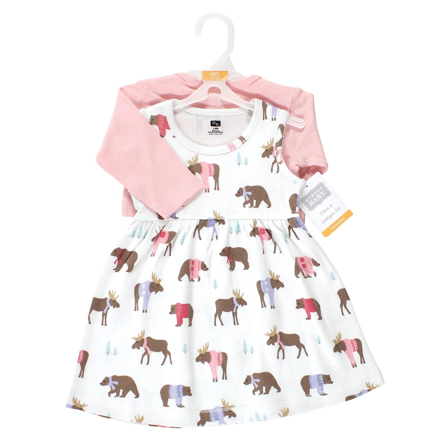 Hudson Baby Baby Girls' Cotton Dress And Cardigan Set, Pink Moose Bear, 3-6 Months