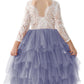 2Bunnies Girl Peony Lace Back A-Line Tiered Tutu Tulle Flower Girl Dress (Gray Long Sleeve Maxi, 9-10Yrs)