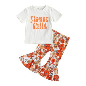 Yokjzjd Little Toddler Baby Girl Letter Short Sleeve T-Shirt Tops Floral Flared Bell-Bottom Pants Leggings Kids Summer Clothes S