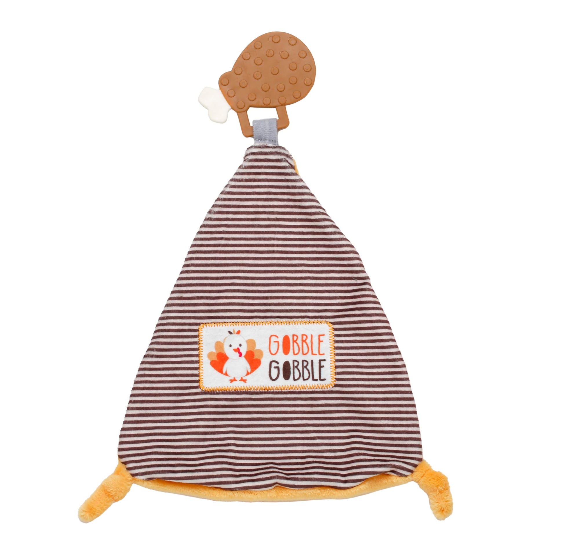 Thanksgiving 13 inch Teething Blanket, Silicone Turkey Leg Teether with Soft Security Blanket for Baby (Brown Stripe, Gobble, Go