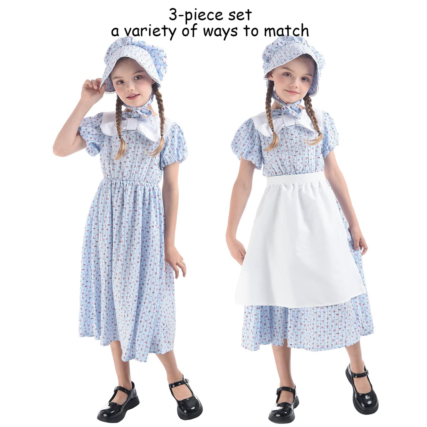 Ltakk Prairie Dresses Girls Pioneer Colonial Costume Girl Pilgrim Dress With Apron And Bonnet, Blue Plaid Floral, Large, Age Ove