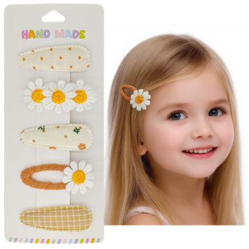 Baby Hair Clips & Toddler Hair Clips 5-Piece Set - 4 Snap Barrettes & 1 Fabric Duckbill Clip, Fresh Meadow Floral Design in Beig