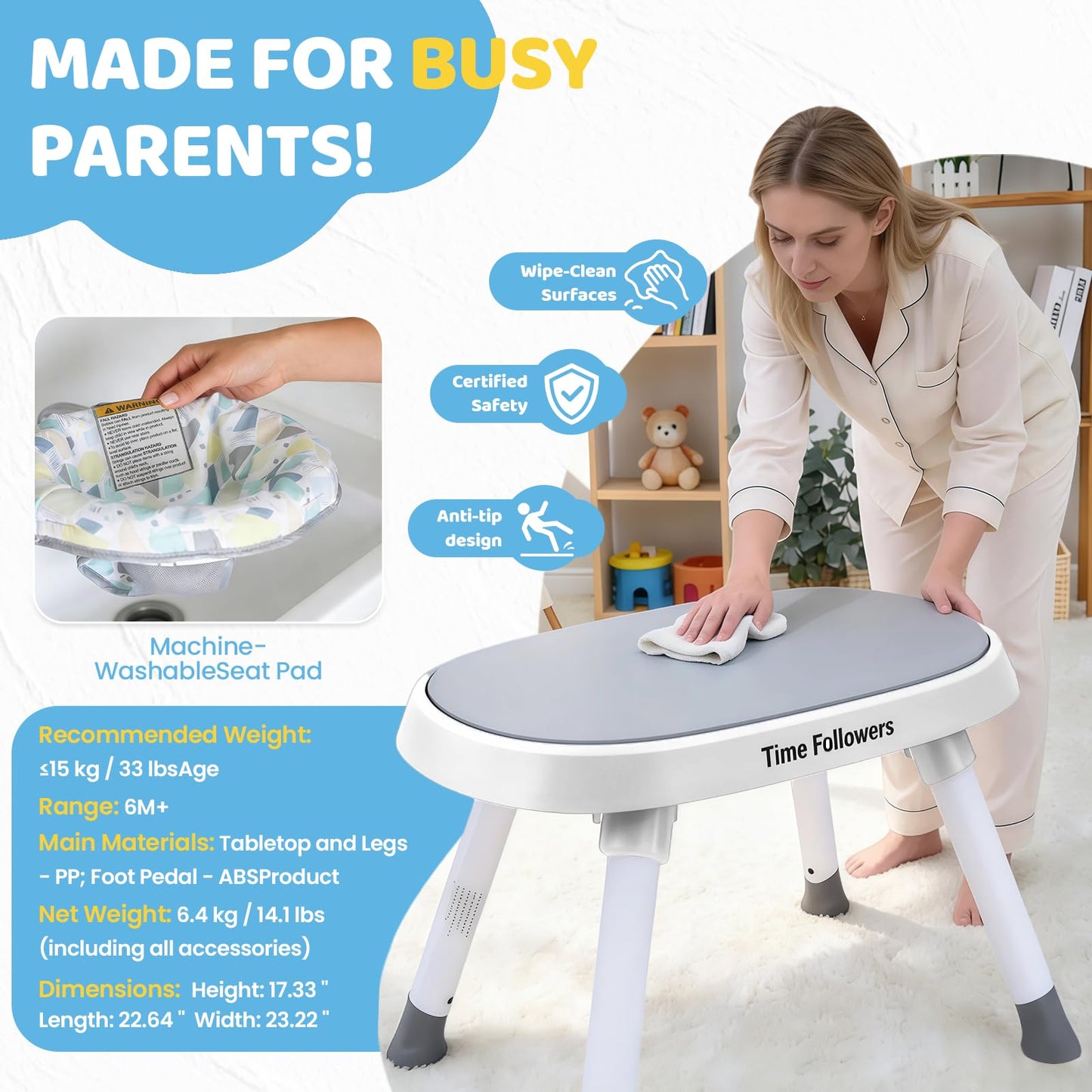 Time Followers 4-in-1 Baby Activity Center | 3 Stage Grow Stationary Standing Toddler Play Table | Tummy Time,Exersaucer, Jumper