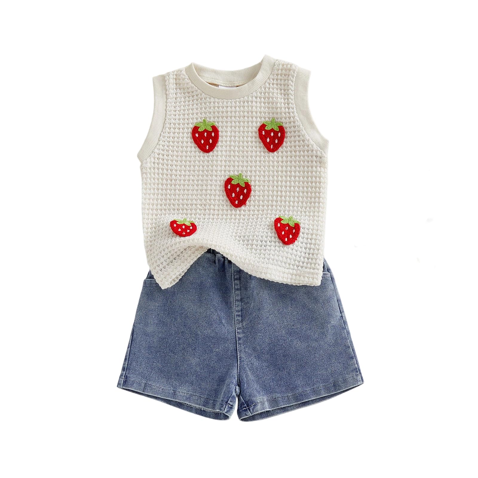 YINGISFITM Toddler Girl Clothes Baby Summer Waffle Knit Tank Top Sleeveless Shirt Jeans Shorts Floral Outfit Girls Clothing (Cre