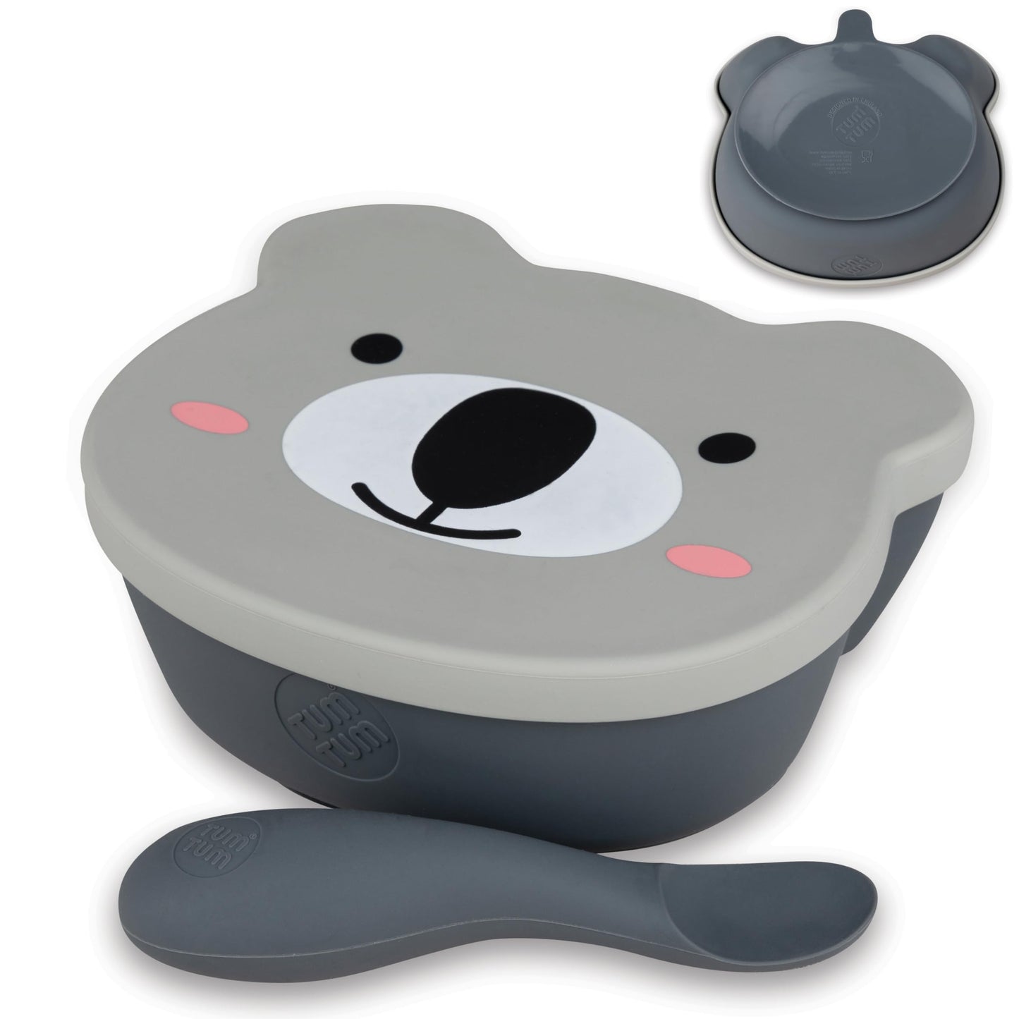 TUM TUM Suction Bowls for Babies and Toddlers - Silicone Bowls with Lid and Spoon 6+ Months - Kev Koala - Grey