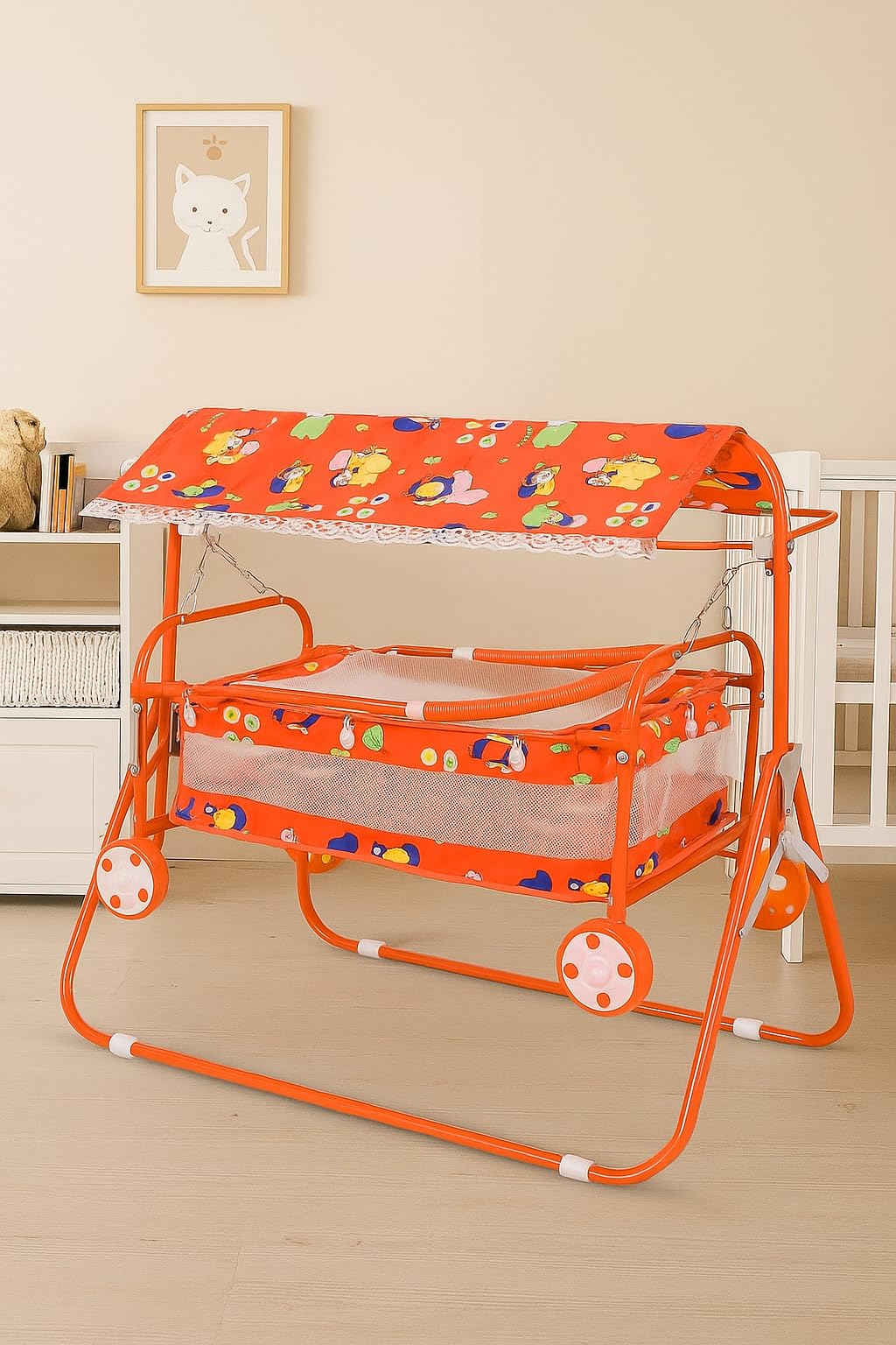 Avani Metrobuzz Small Baby Cradle With Wheels, Foldable Design With Canopy For For 06 Months Baby Boys And Girls (Red)