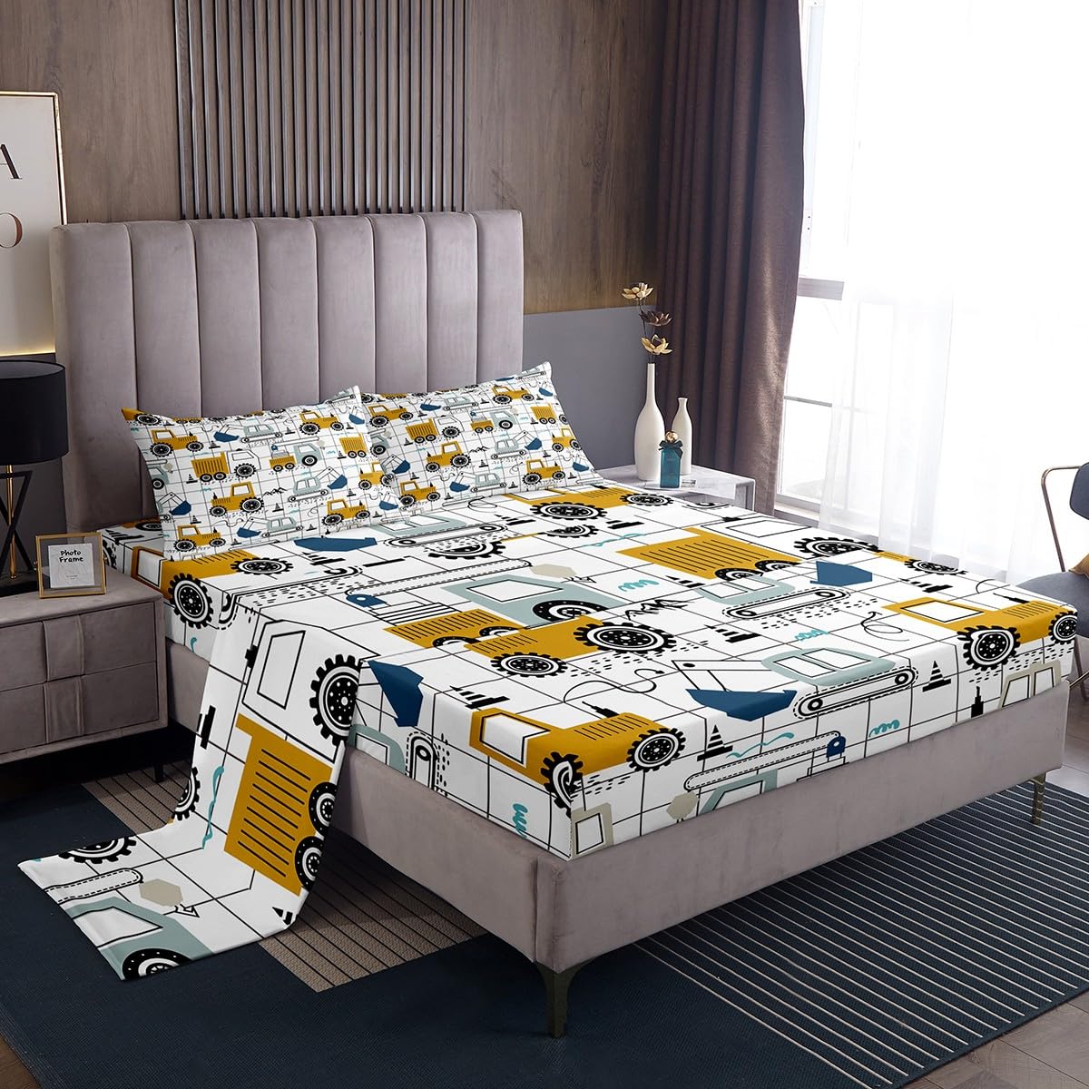 Construction Sheet Set King Size Excavator Tractor Toddler Sheets With Deep Pocket Fitted Sheet Cartoon Car Equipment Trucks Pla