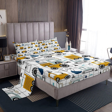 Construction Sheet Set King Size Excavator Tractor Toddler Sheets With Deep Pocket Fitted Sheet Cartoon Car Equipment Trucks Pla
